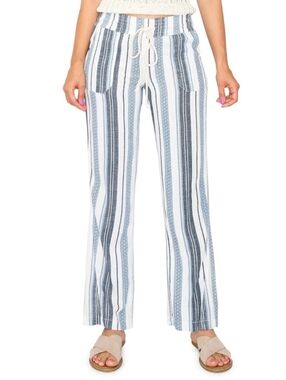 CALI1850 | Women's Blue/White Striped High-Waist Linen Blend Smocked Beach Pants